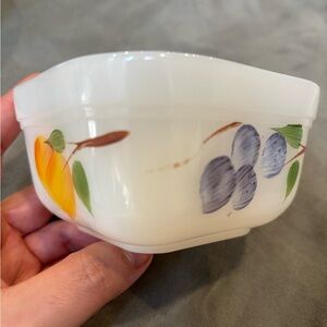 Vintage Fire King Anchor Hocking White Oven Ware Square Dish with Painted Fruits